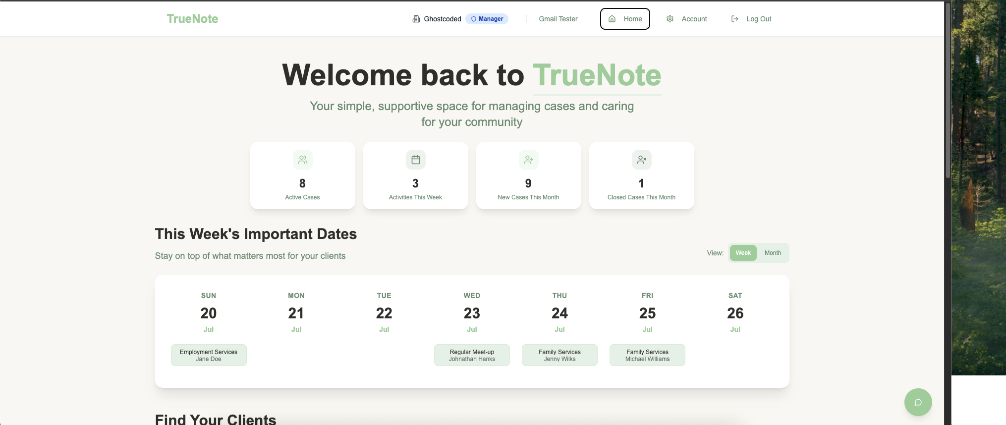 TrueNote dashboard showing simple case management interface